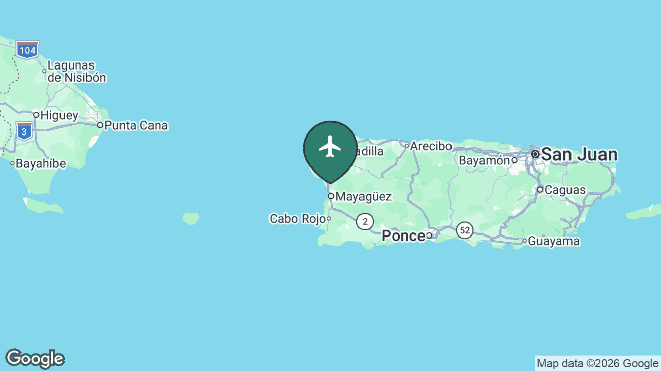 Map showing the location of Eugenio María de Hostos Airport (MAZ) at Mayagüez in west Puerto Rico