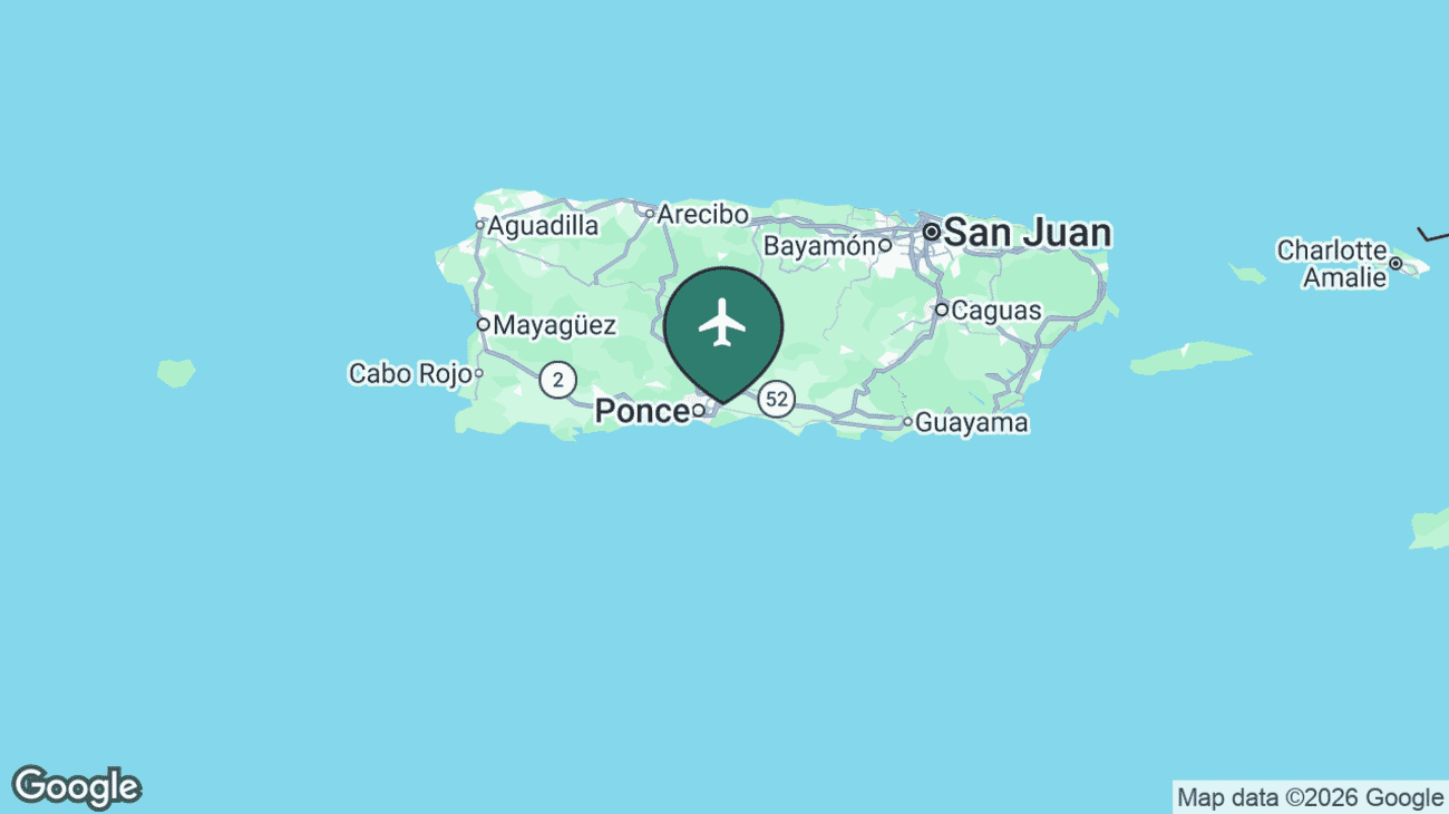 Map showing the location of Mercedita International Airport (PSE) near Ponce on the south coast of Puerto Rico