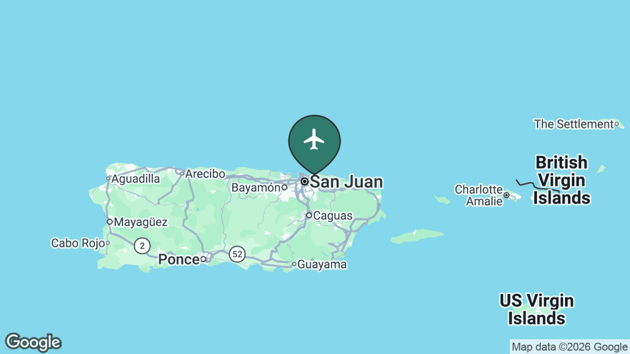 Map showing the location of Luis Muñoz Marín International Airport (SJU) on the north coast of Puerto Rico at San Juan