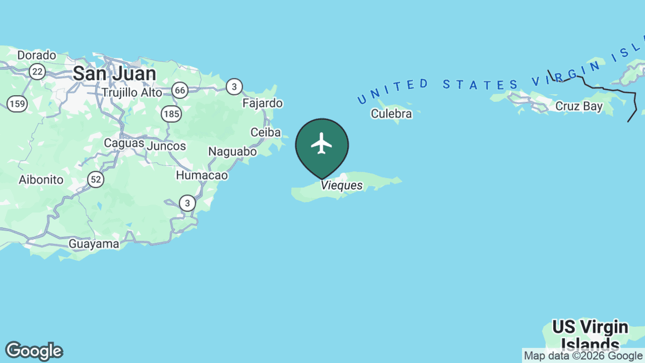 Map showing the location of Antonio Rivera Rodríguez Airport (VQS) on the island of Vieques south-east of Puerto Rico
