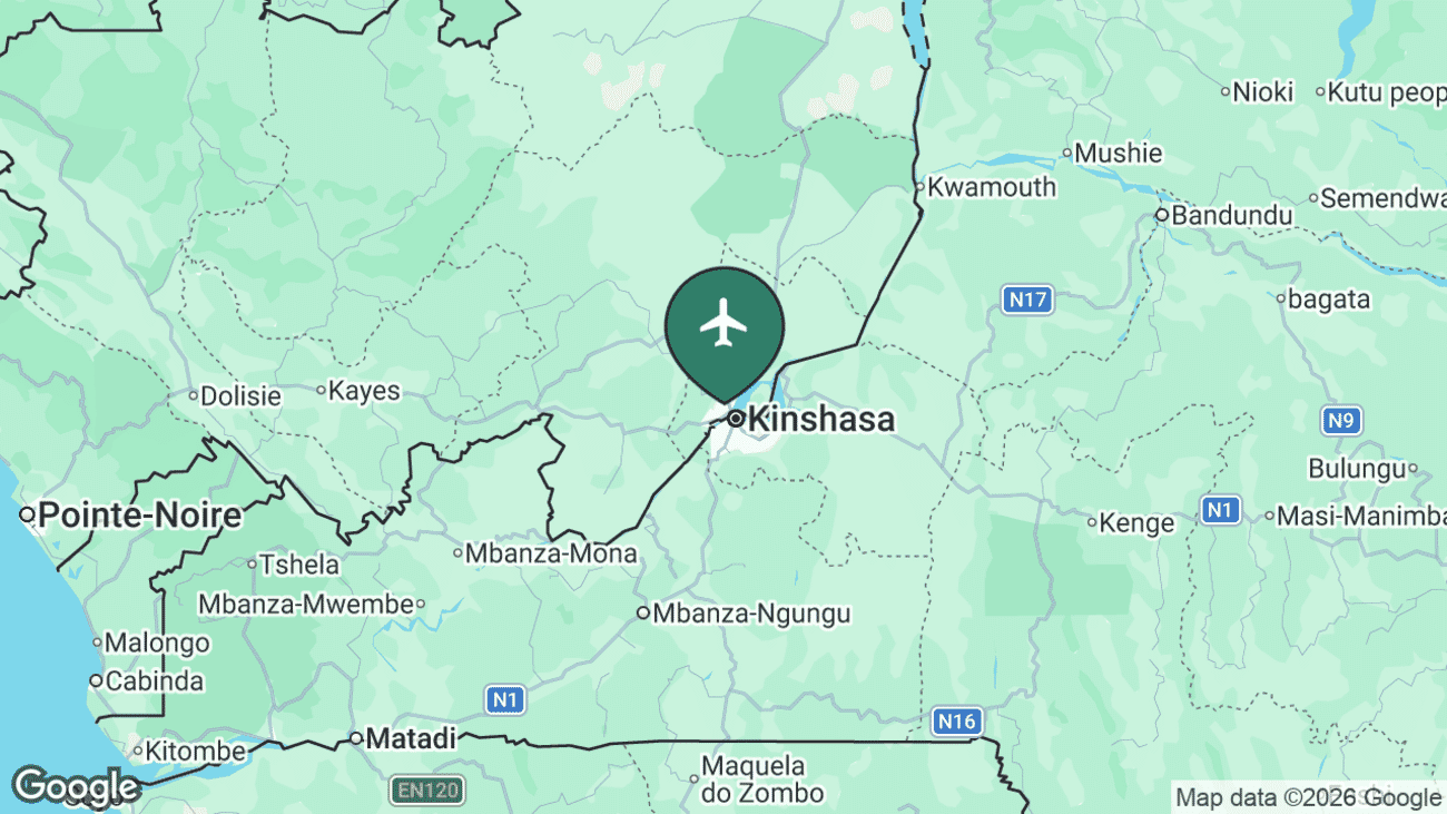 Map showing the location of Maya-Maya International Airport (BZV) at Brazzaville in the south-east of the Republic of the Congo, across the Congo River from Kinshasa