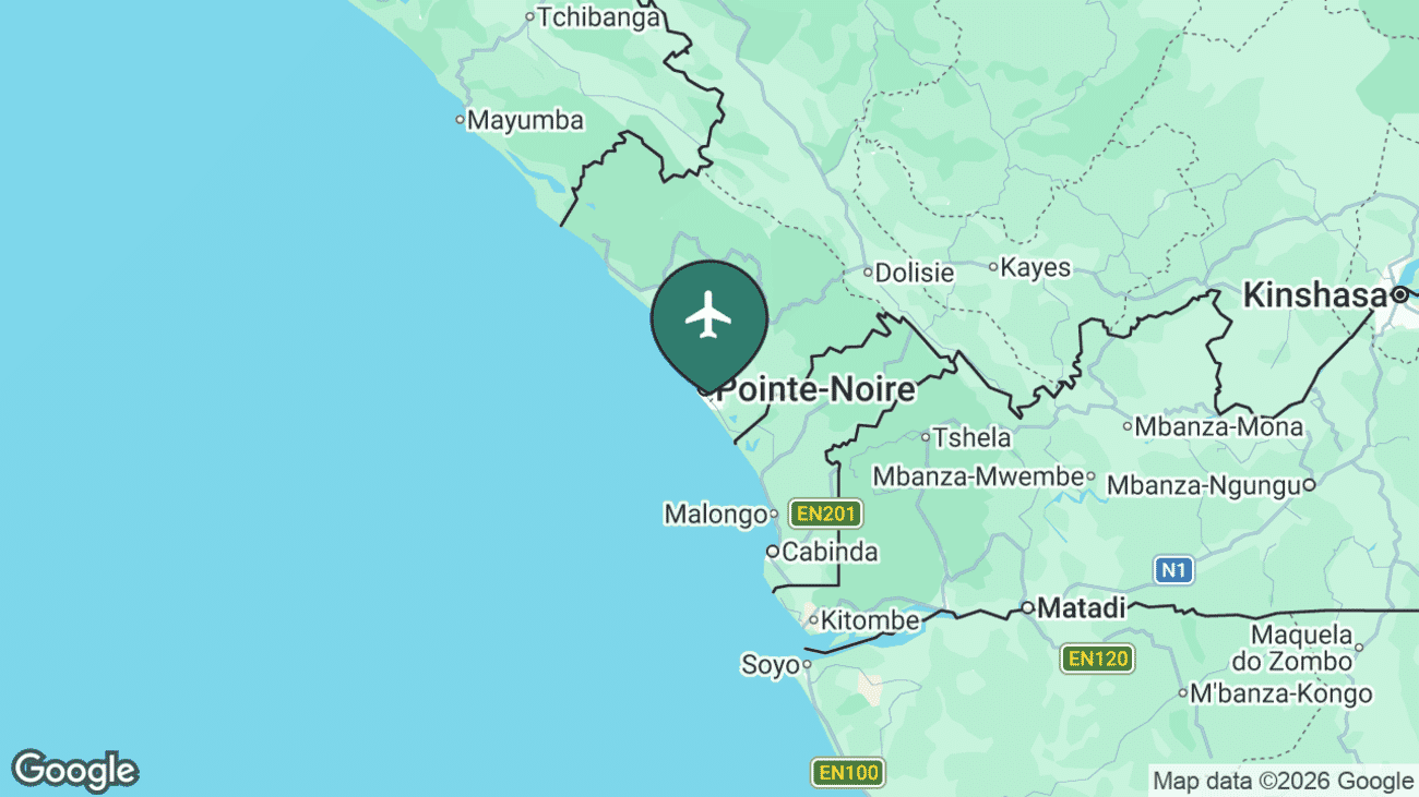 Map showing the location of Antonio Agostinho-Neto International Airport (PNR) on the Atlantic coast at Pointe-Noire in the south-west of the Republic of the Congo