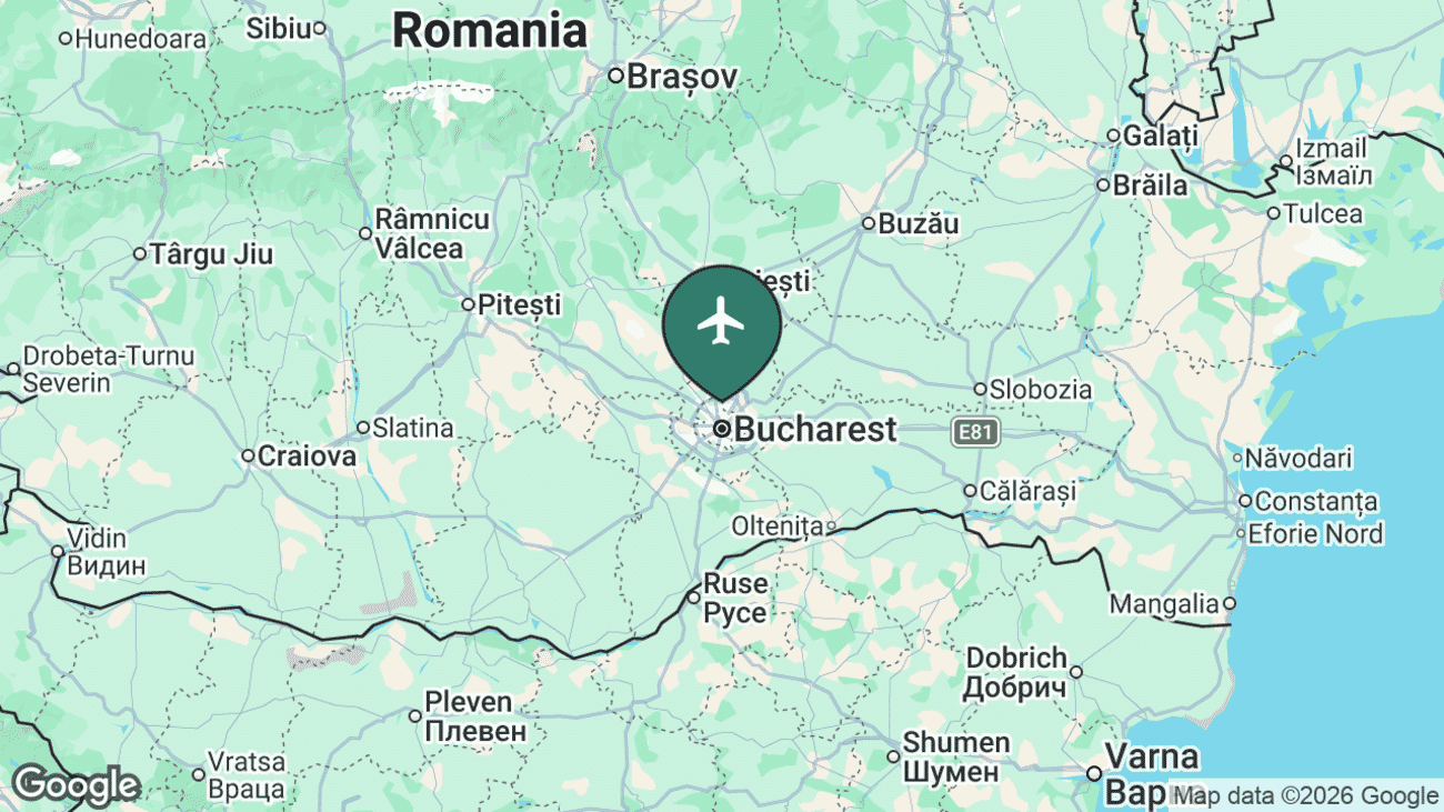 Map showing the location of Bucharest Băneasa Aurel Vlaicu International Airport (BBU) in Romania