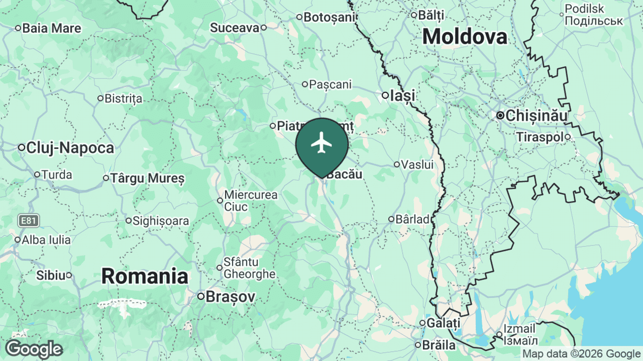 Map showing the location of Bacău George Enescu International Airport (BCM) in Romania