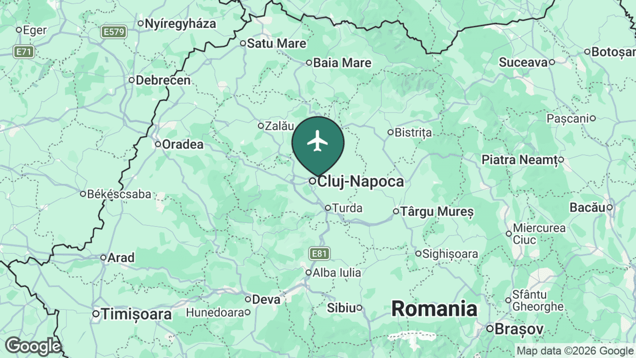 Map showing the location of Cluj-Napoca Avram Iancu International Airport (CLJ) in Romania
