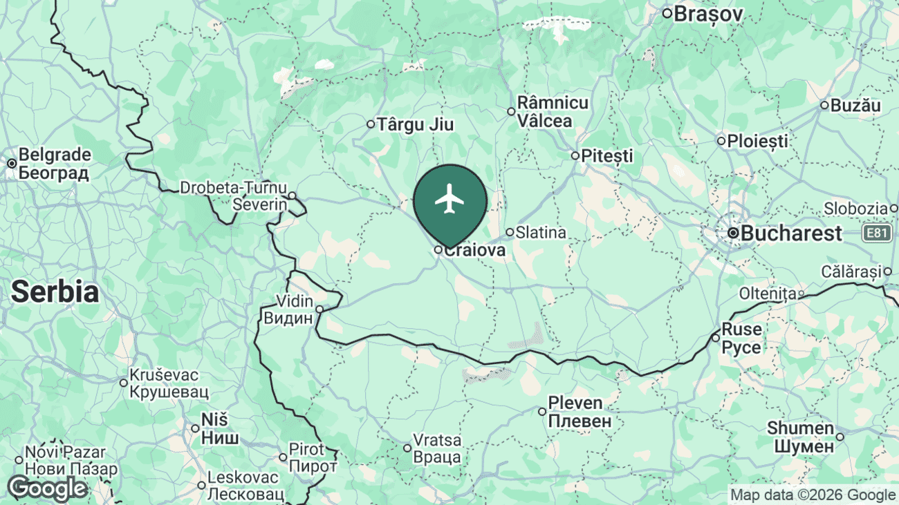 Map showing the location of Craiova International Airport (CRA) in Romania