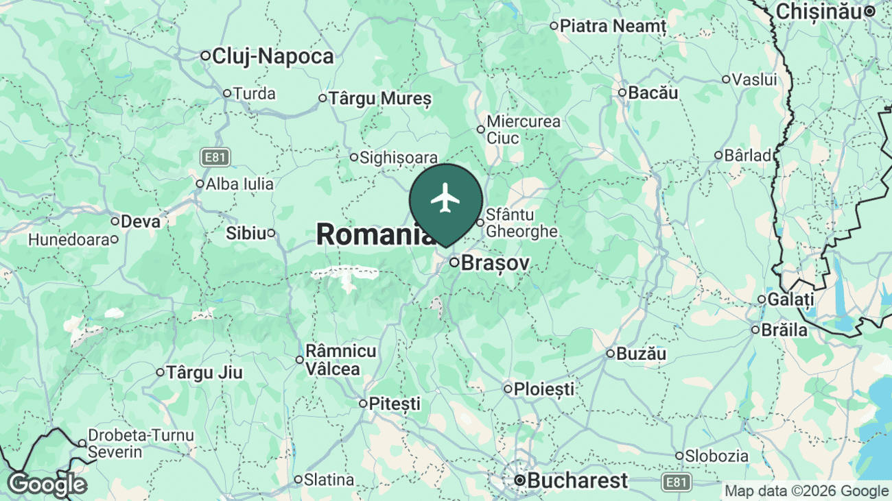 Map showing the location of Brașov-Ghimbav International Airport (GHV) in Romania