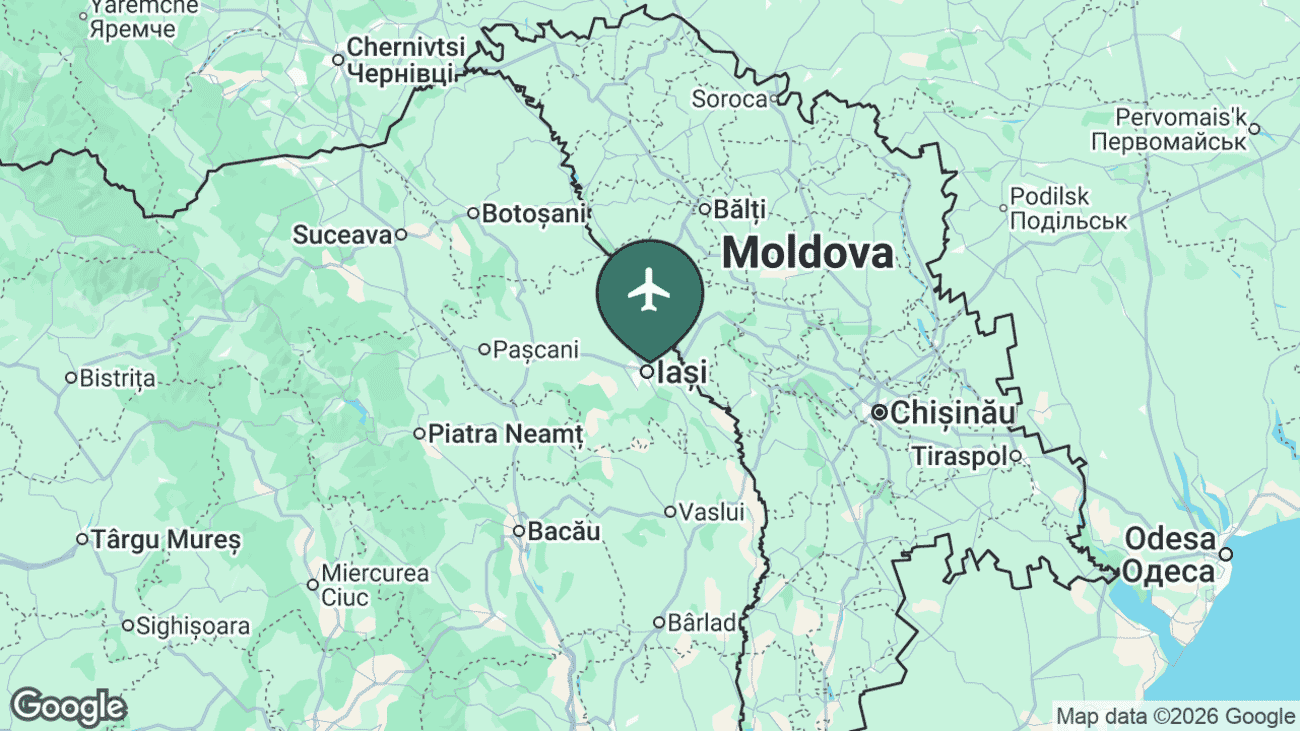 Map showing the location of Iași International Airport (IAS) in Romania