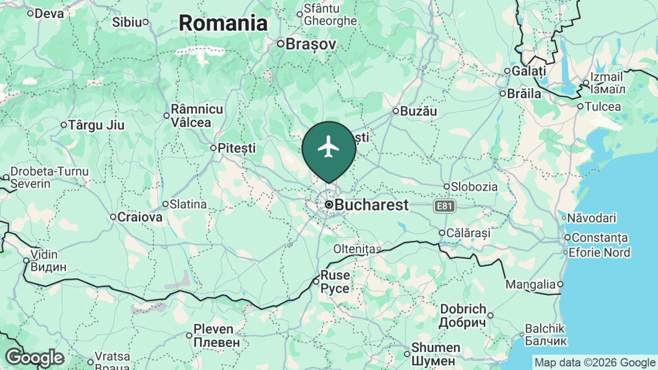 Map showing the location of Bucharest Henri Coandă International Airport (OTP) in Romania