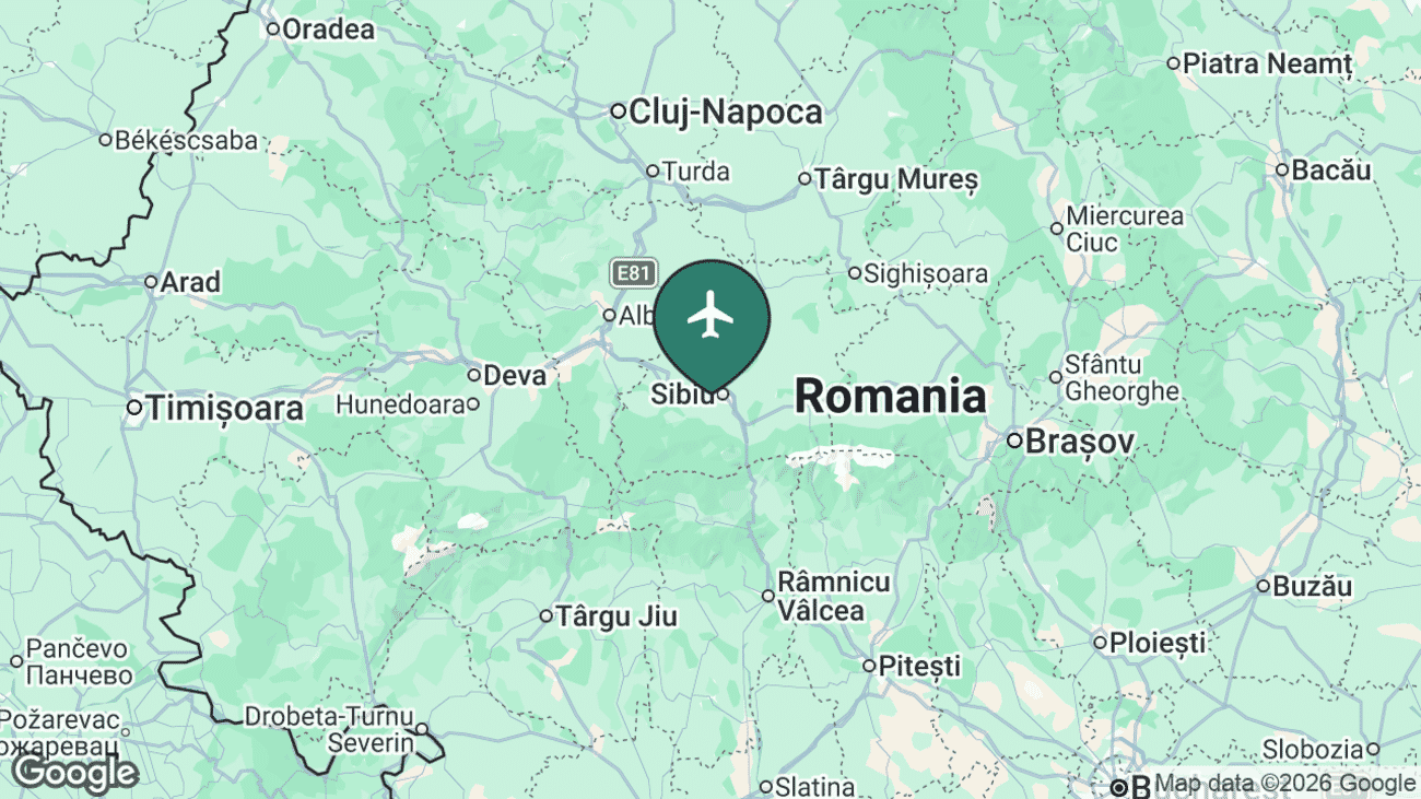 Map showing the location of Sibiu International Airport (SBZ) in Romania