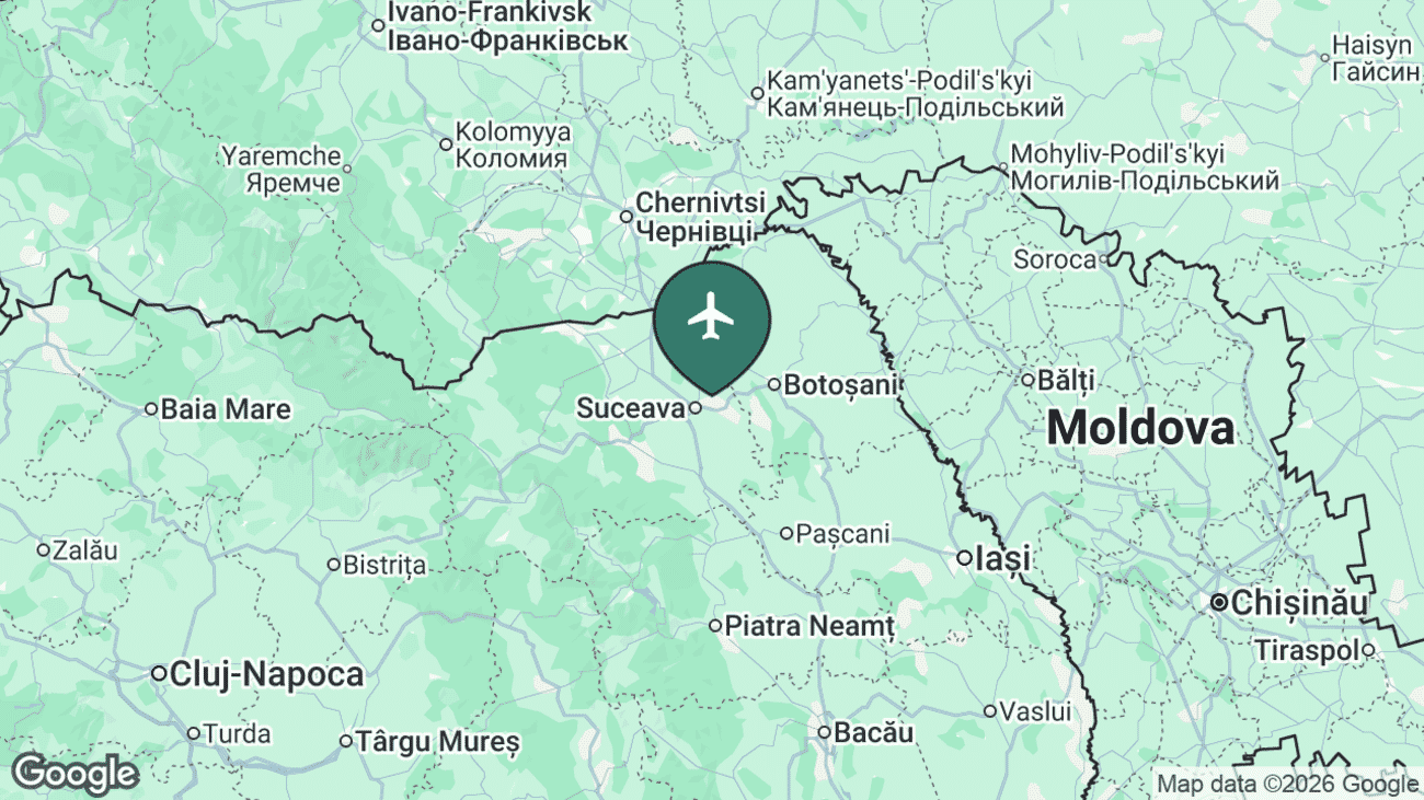 Map showing the location of Suceava Ștefan cel Mare International Airport (SCV) in Romania