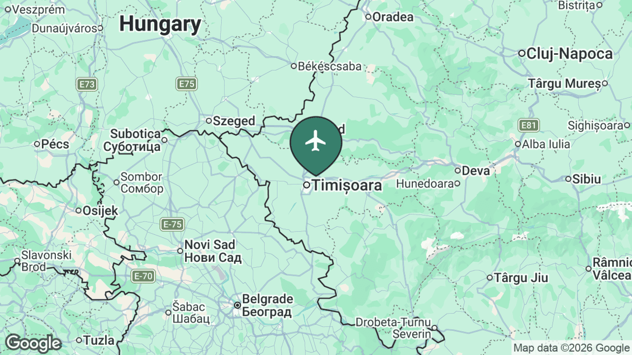 Map showing the location of Timișoara Traian Vuia International Airport (TSR) in Romania