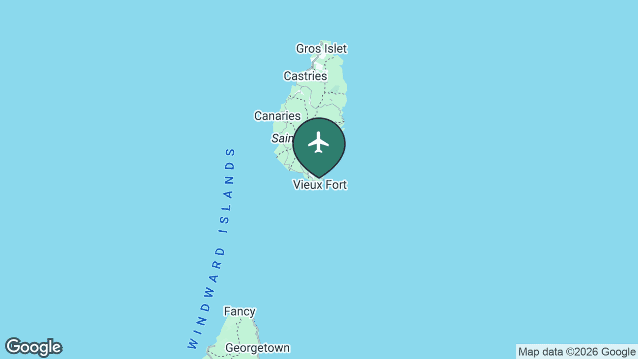Map showing the location of Hewanorra International Airport (UVF) at the southern tip of Saint Lucia near Vieux Fort