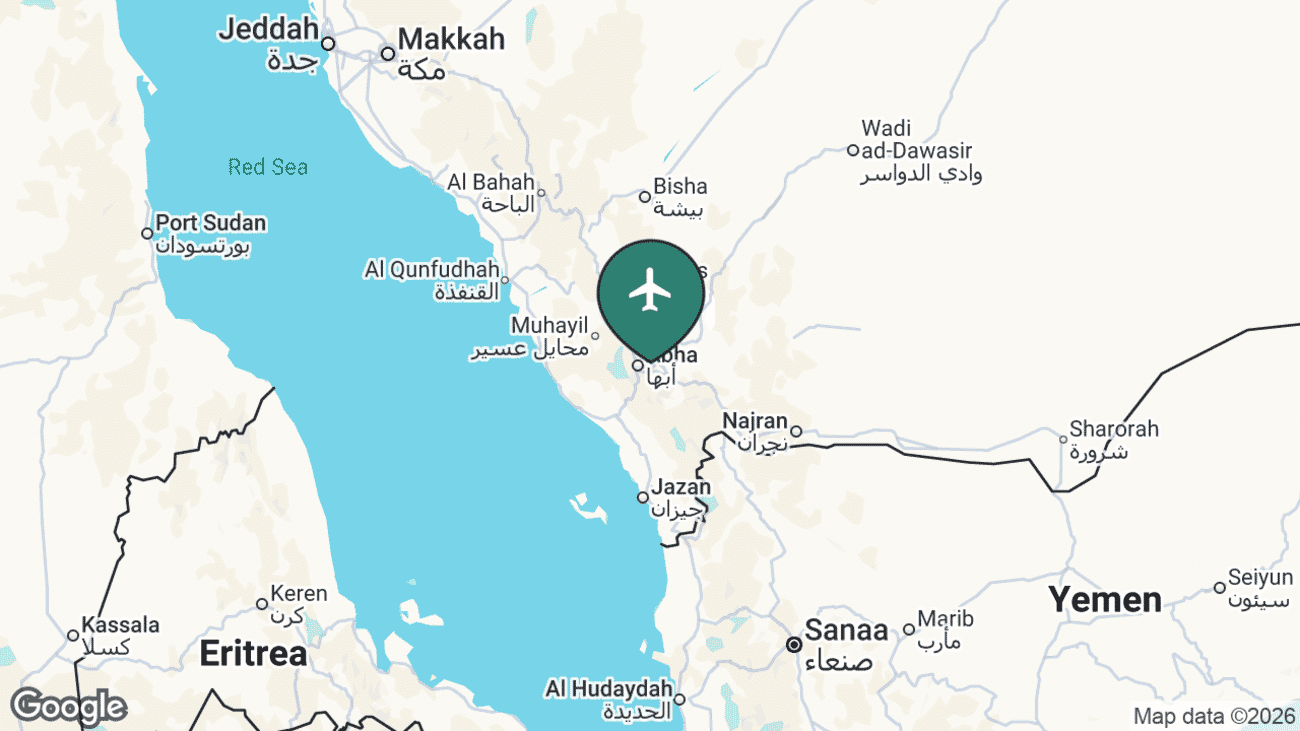 Map showing the location of Abha International Airport (AHB) in Saudi Arabia