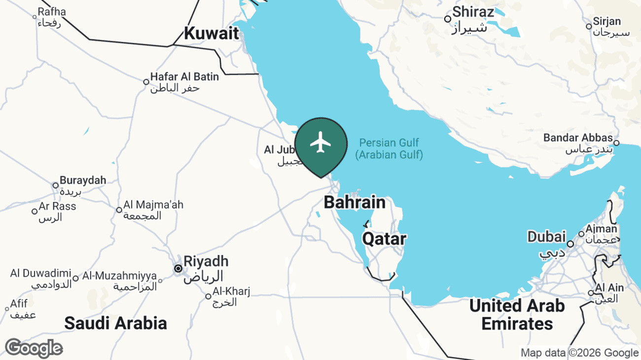 Map showing the location of King Fahd International Airport (DMM) in Saudi Arabia