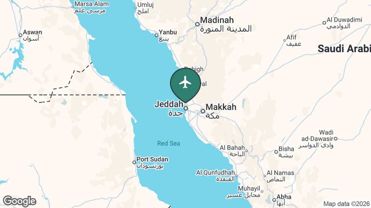 Map showing the location of King Abdulaziz International Airport (JED) in Saudi Arabia