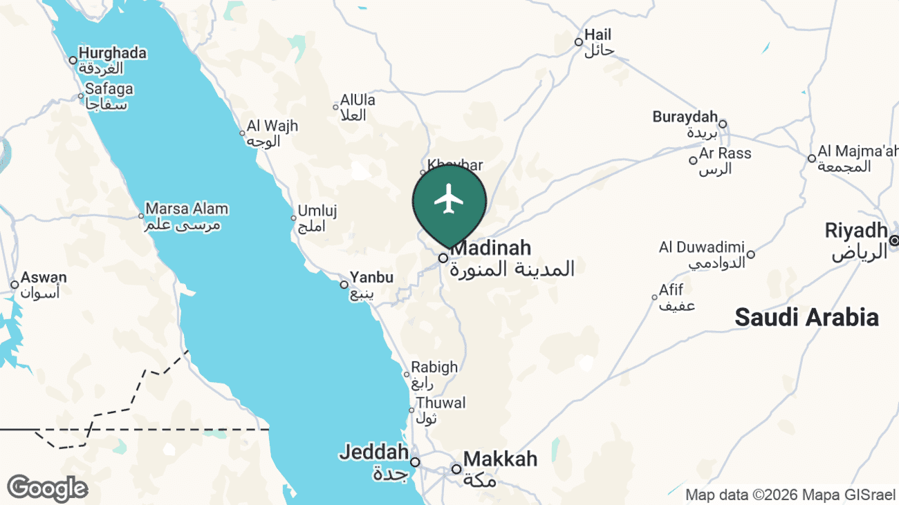 Map showing the location of Prince Mohammad Bin Abdulaziz International Airport (MED) in Saudi Arabia