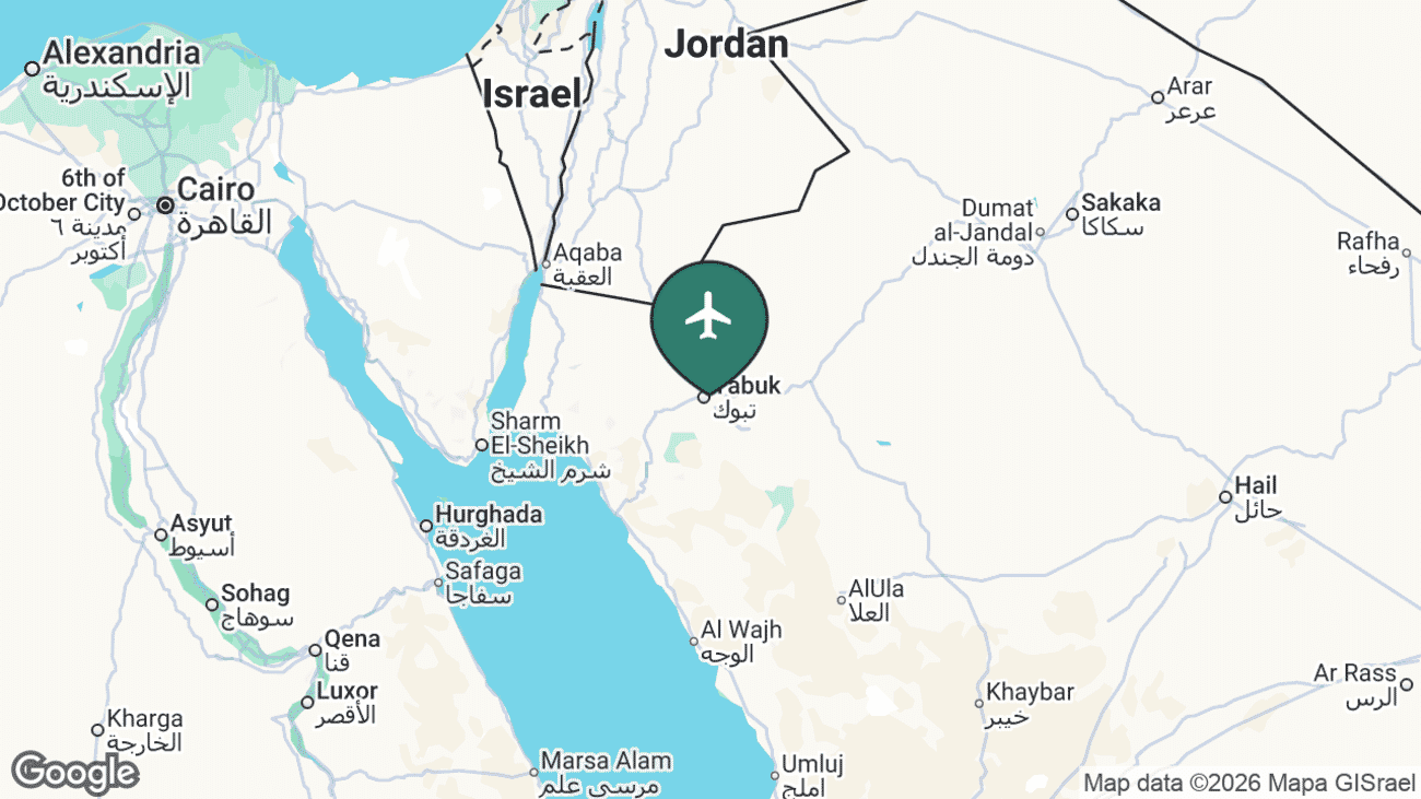 Map showing the location of Tabuk Regional Airport (TUU) in Saudi Arabia