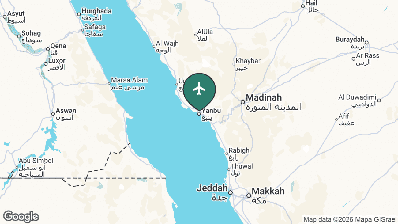 Map showing the location of Prince Abdul Mohsin bin Abdulaziz Airport (YNB) in Saudi Arabia