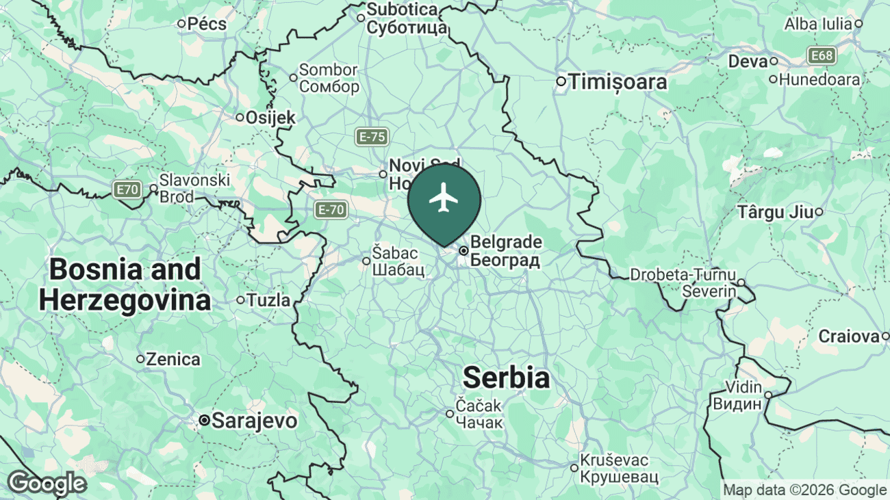 Map showing the location of Belgrade Nikola Tesla Airport (BEG) in Serbia