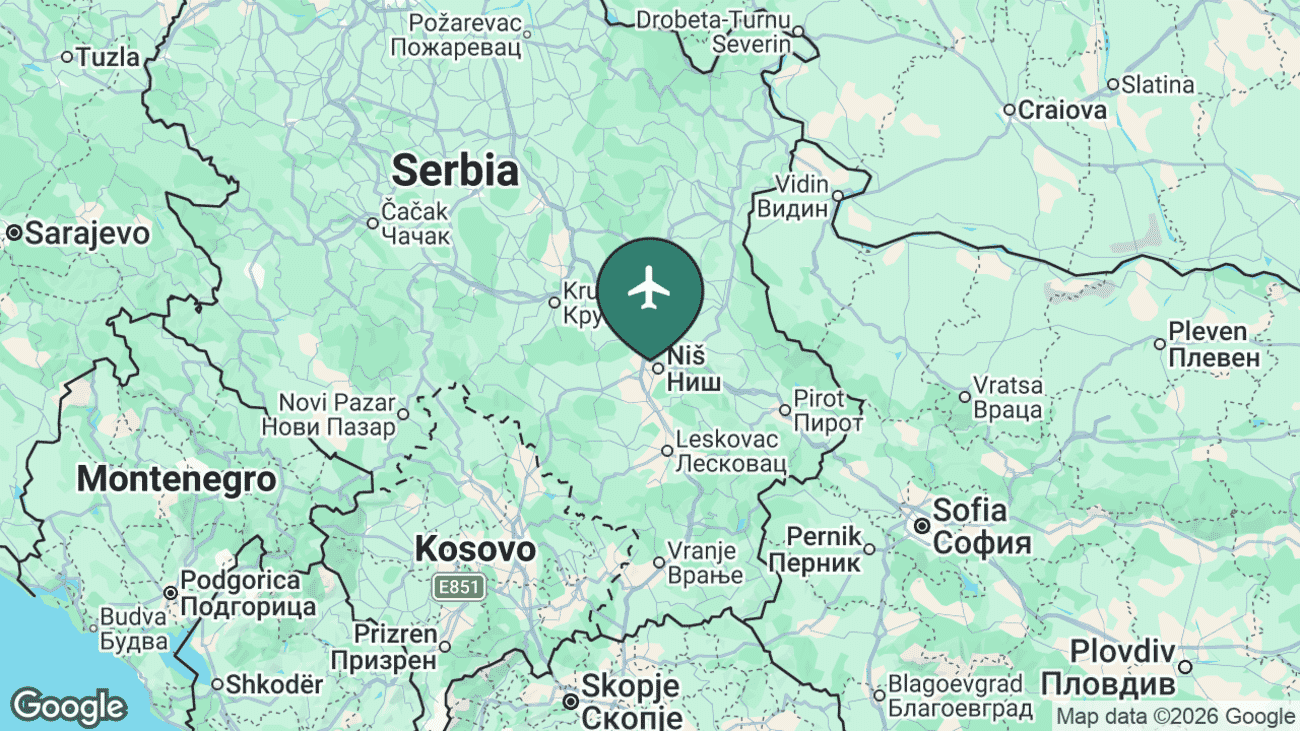 Map showing the location of Niš Constantine the Great Airport (INI) in Serbia
