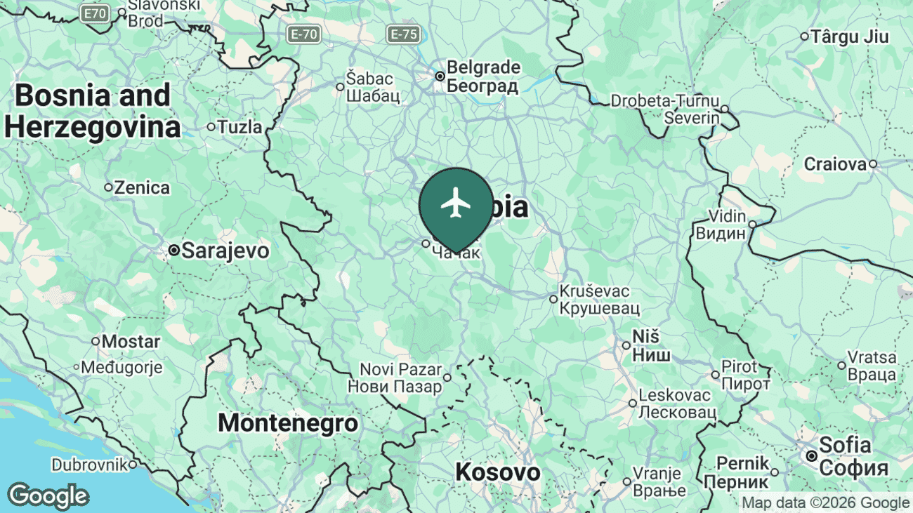 Map showing the location of Morava Airport (KVO) near Kraljevo in central Serbia