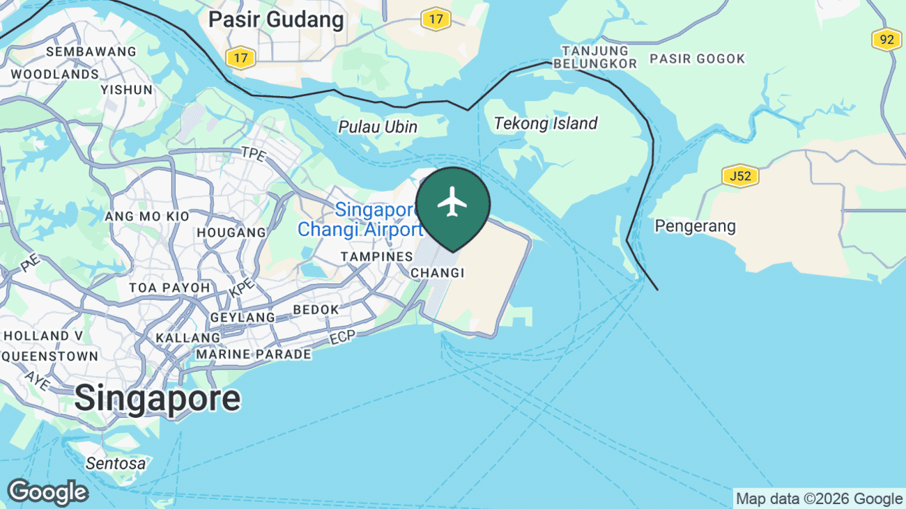 Map showing the location of Singapore Changi Airport (SIN) in eastern Singapore