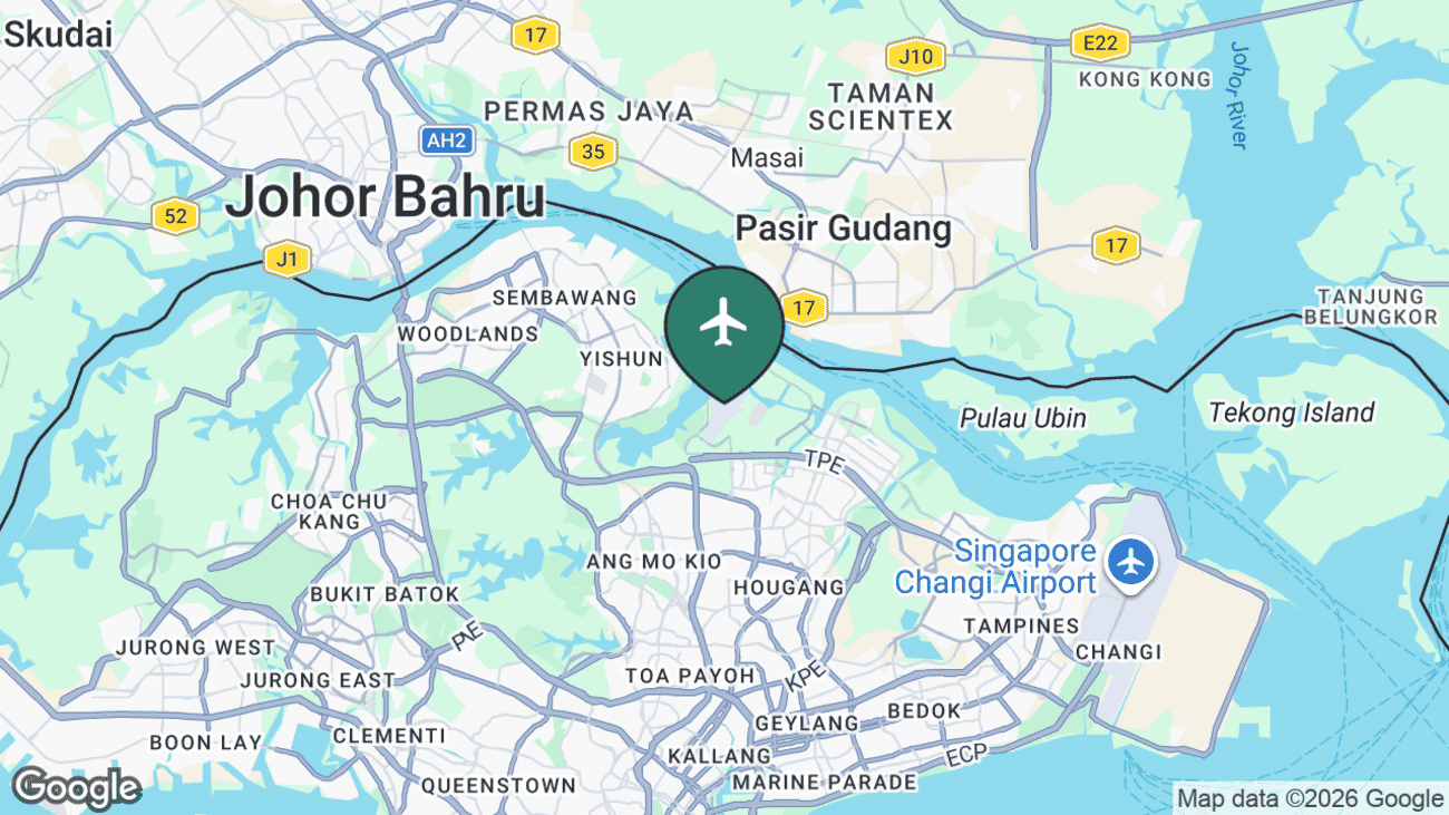 Map showing the location of Seletar Airport (XSP) in northern Singapore near the Johor Strait