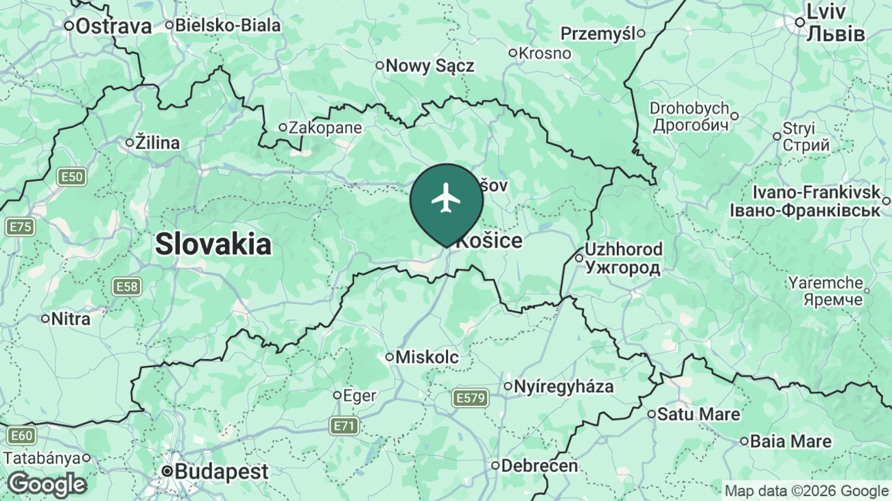 Map showing the location of Košice International Airport (KSC) in eastern Slovakia
