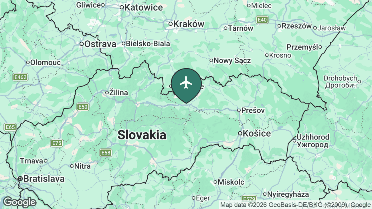 Map showing the location of Poprad-Tatry Airport (TAT) in northern Slovakia, gateway to the High Tatras