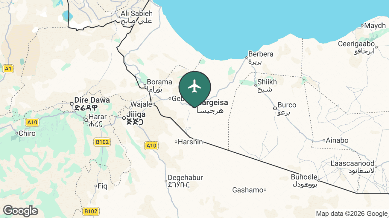 Map showing the location of Egal International Airport (HGA) at Hargeisa in Somaliland, northern Somalia, near the Ethiopia border
