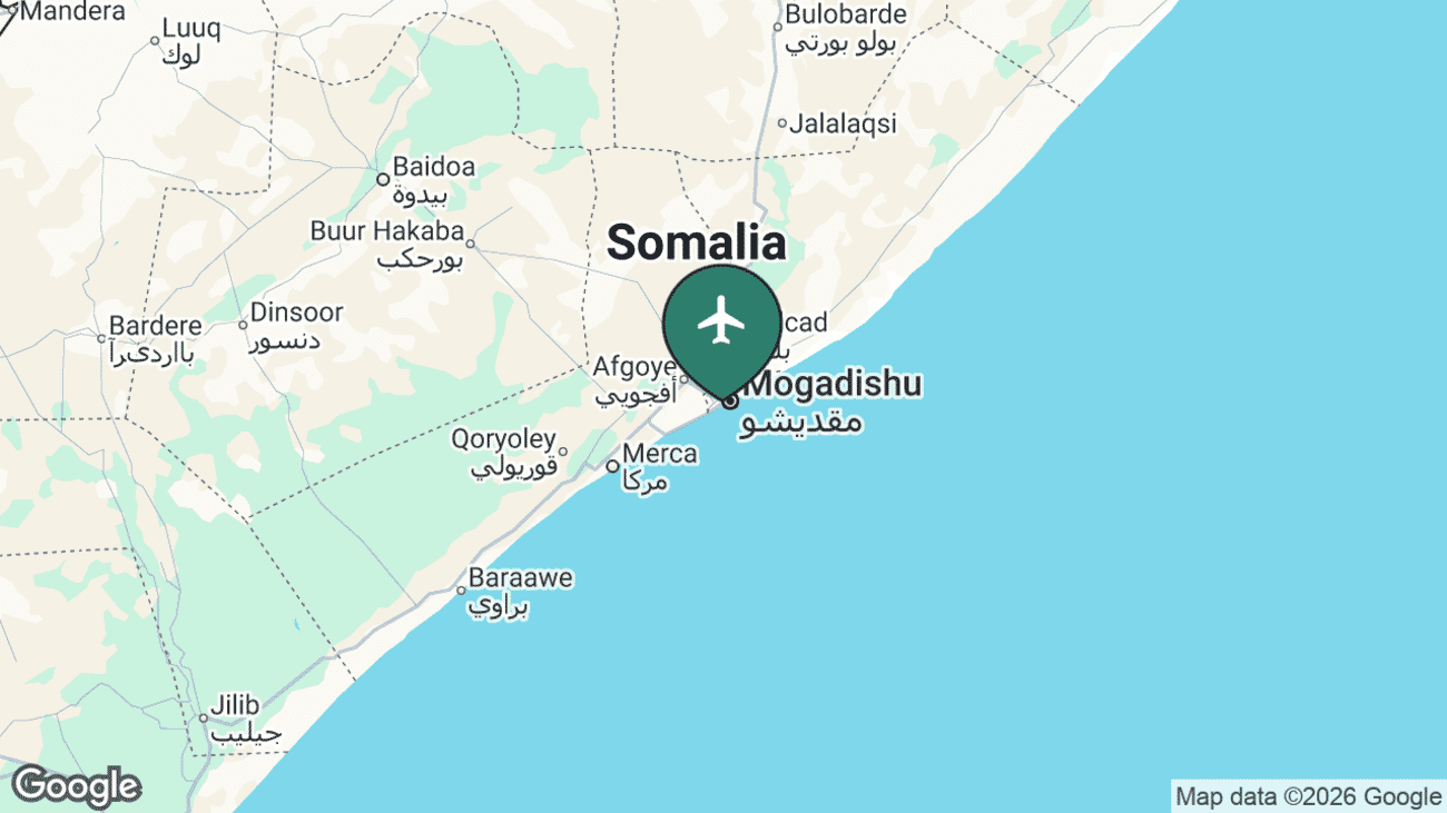 Map showing the location of Aden Adde International Airport (MGQ) on the Indian Ocean coast at Mogadishu in southern Somalia