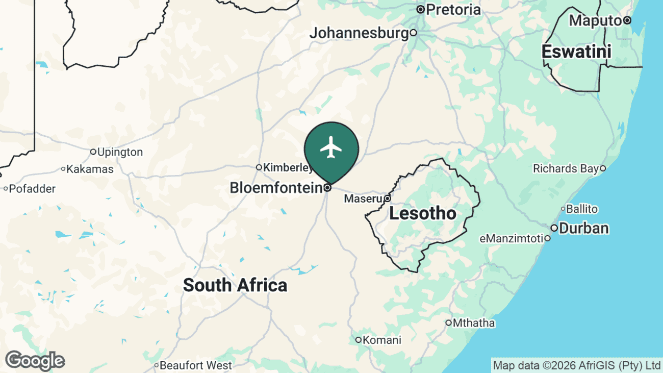 Map showing the location of Bloemfontein — Bram Fischer Airport (BFN) in South Africa