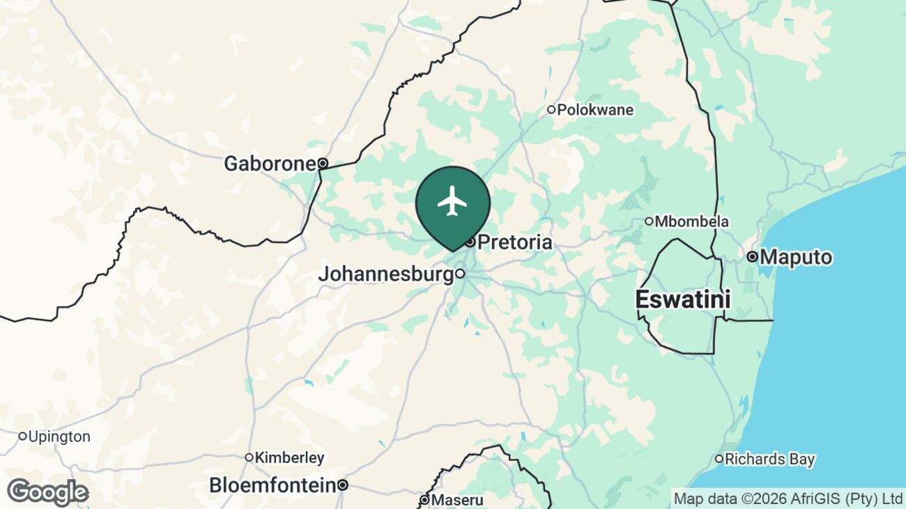 Map showing the location of Lanseria Airport (HLA) in South Africa