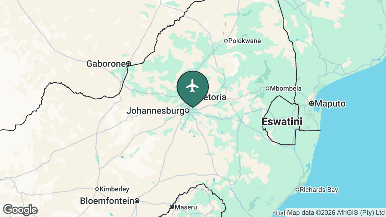 Map showing the location of Johannesburg — O.R. Tambo Airport (JNB) in South Africa