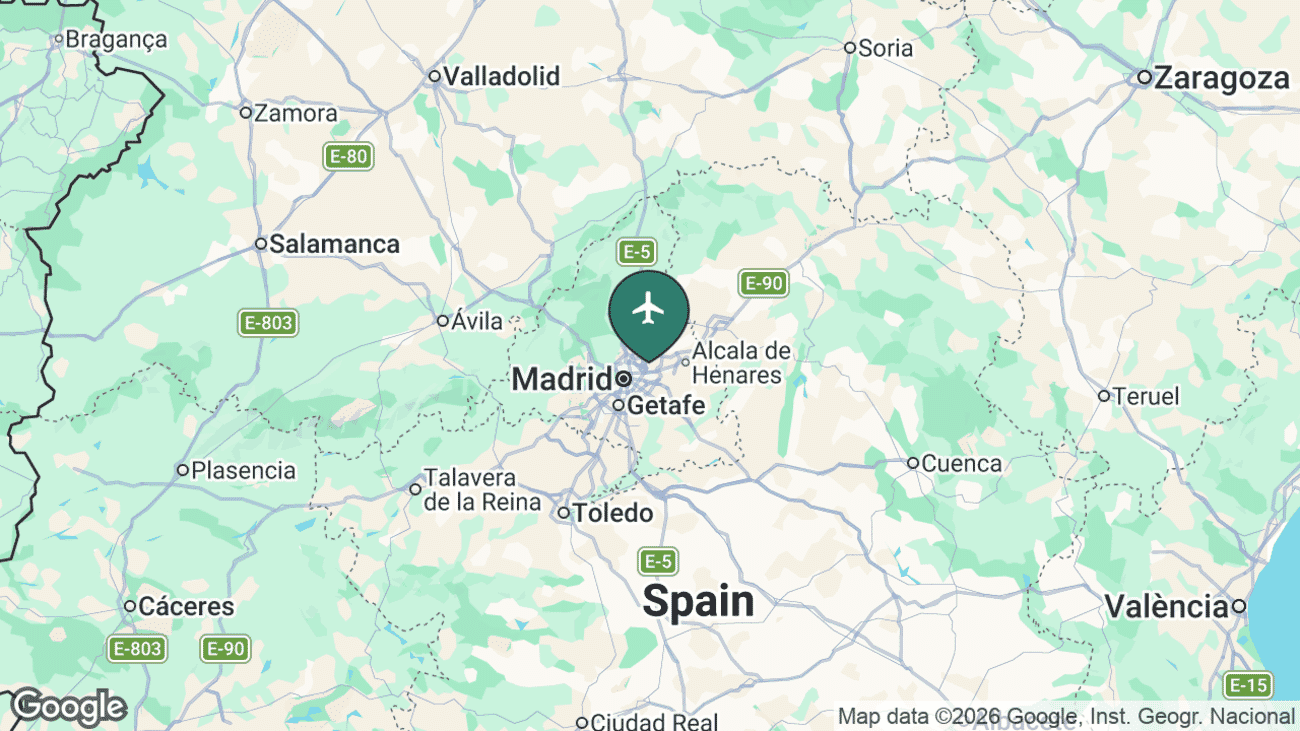 Map showing the location of Adolfo Suárez Madrid–Barajas Airport (MAD) near Madrid, Spain
