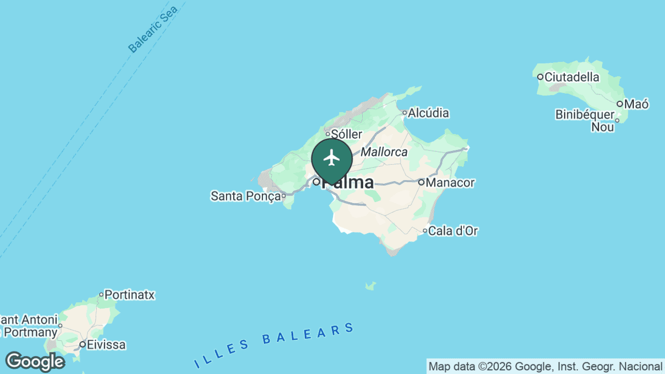 Map showing the location of Palma de Mallorca Airport (PMI) near Palma, Spain