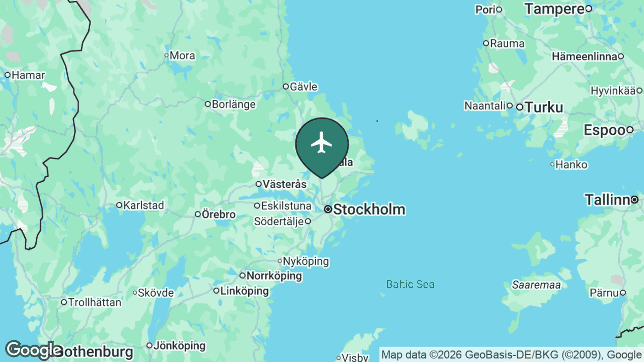 Map showing the location of Stockholm Arlanda Airport (ARN) north of Stockholm, Sweden
