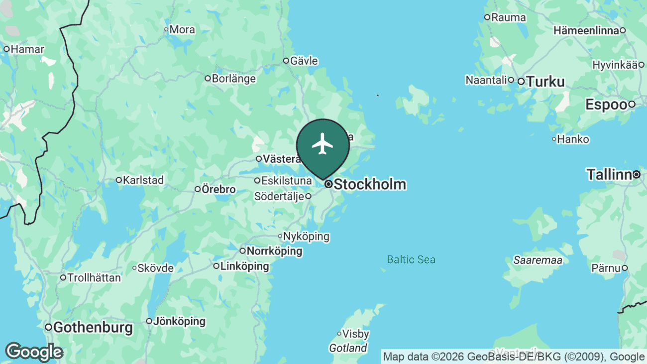 Map showing the location of Stockholm Bromma Airport (BMA) close to central Stockholm, Sweden