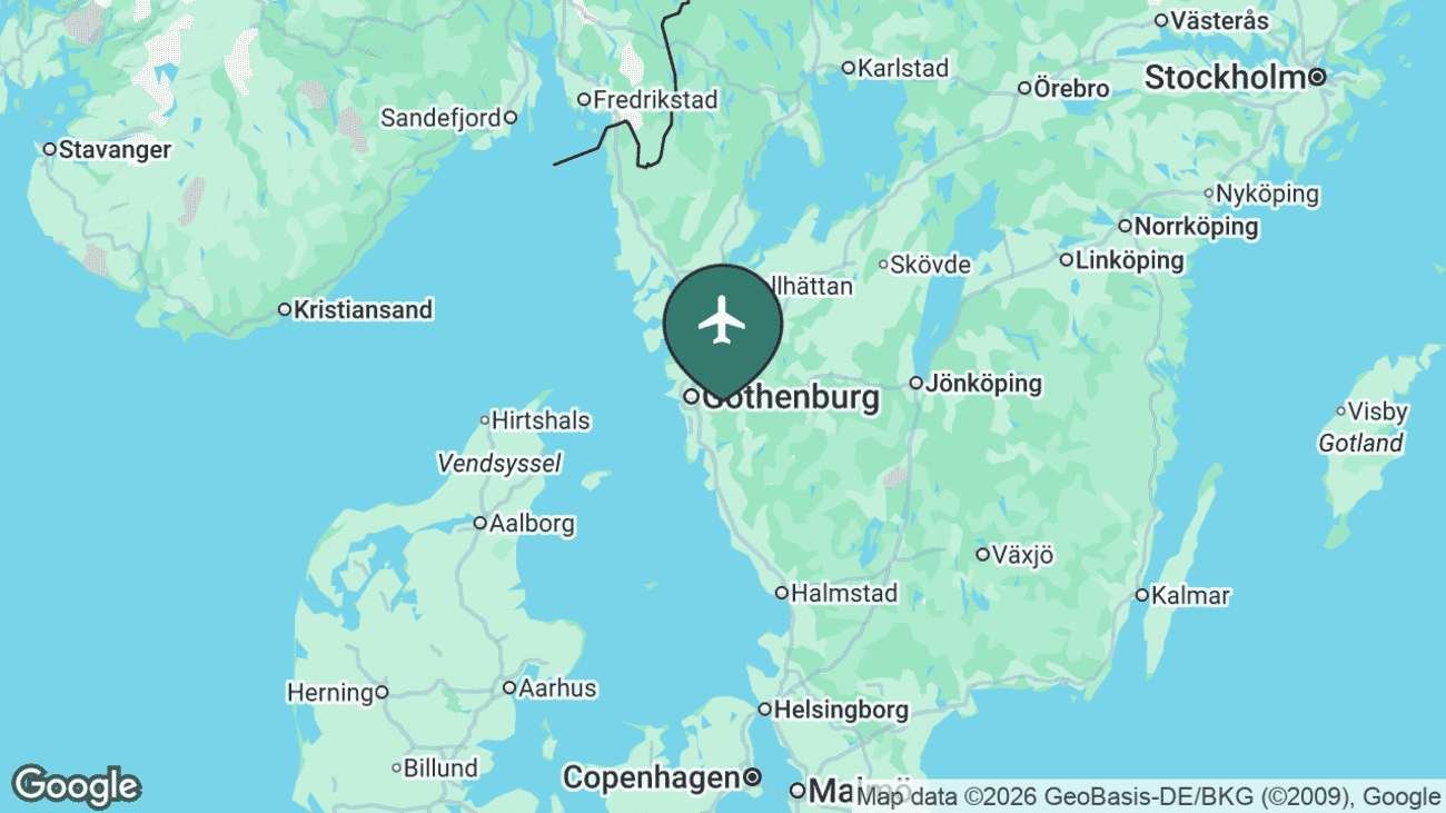 Map showing the location of Göteborg Landvetter Airport (GOT) east of Gothenburg, Sweden