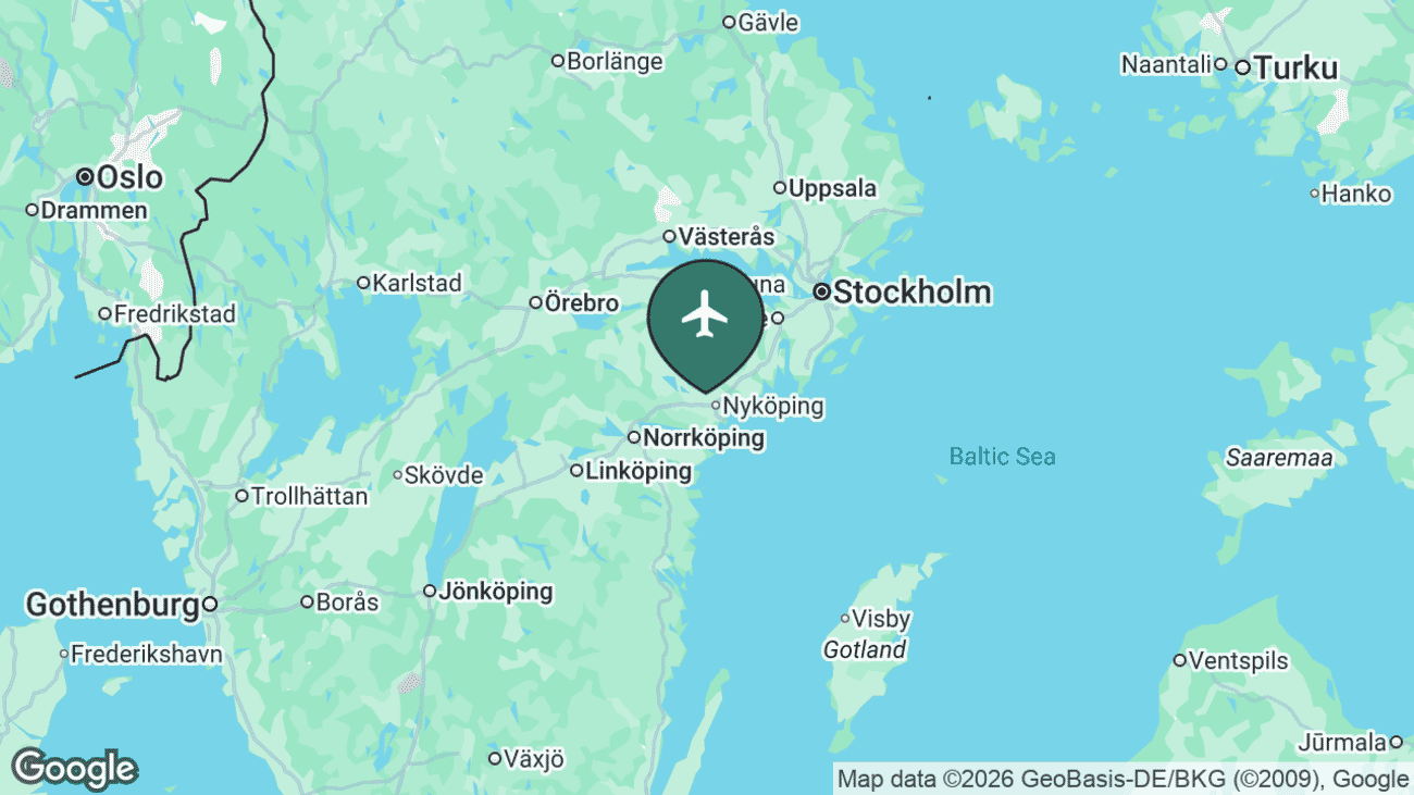 Map showing the location of Stockholm Skavsta Airport (NYO) near Nyköping, Sweden