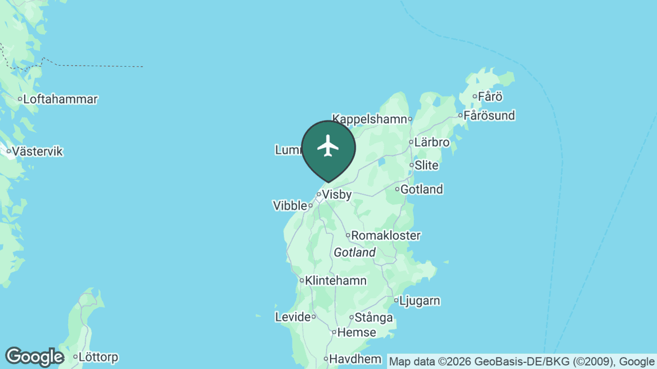 Map showing the location of Visby Airport (VBY) on the island of Gotland, Sweden