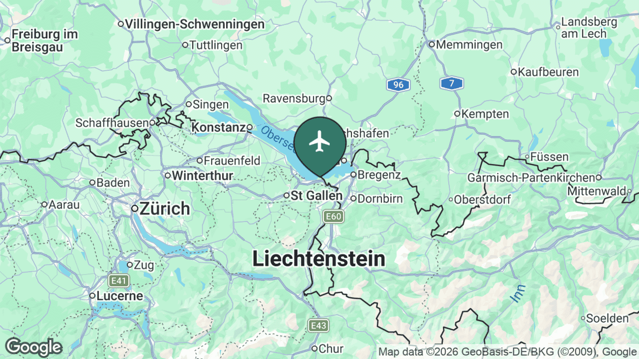 Map showing the location of St. Gallen-Altenrhein Airport (ACH) near St. Gallen, Switzerland