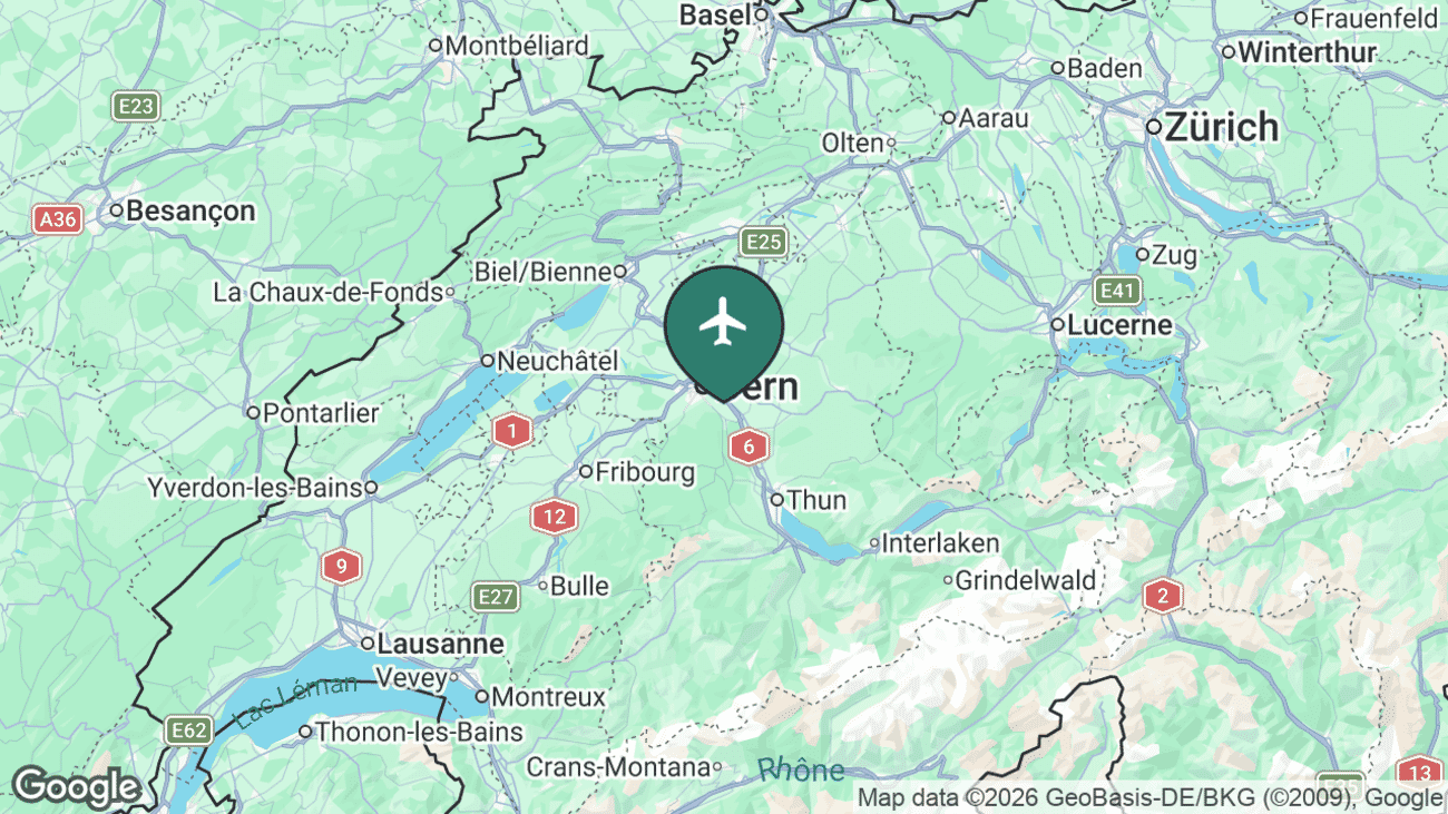 Map showing the location of Bern Airport (BRN) near Bern, Switzerland