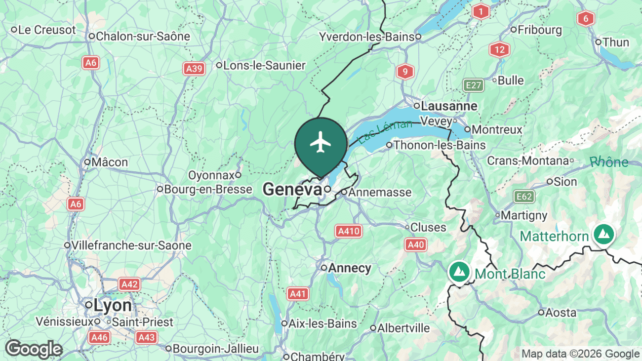 Map showing the location of Geneva Airport (GVA) near Geneva, Switzerland