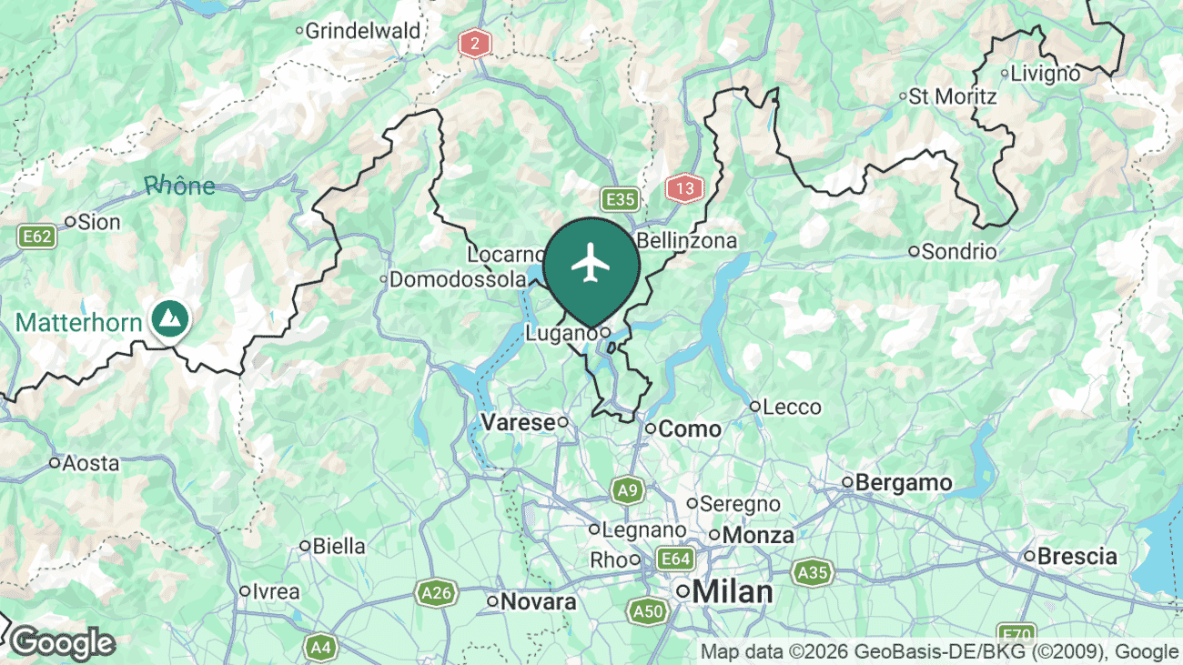 Map showing the location of Lugano Airport (LUG) near Lugano, Switzerland