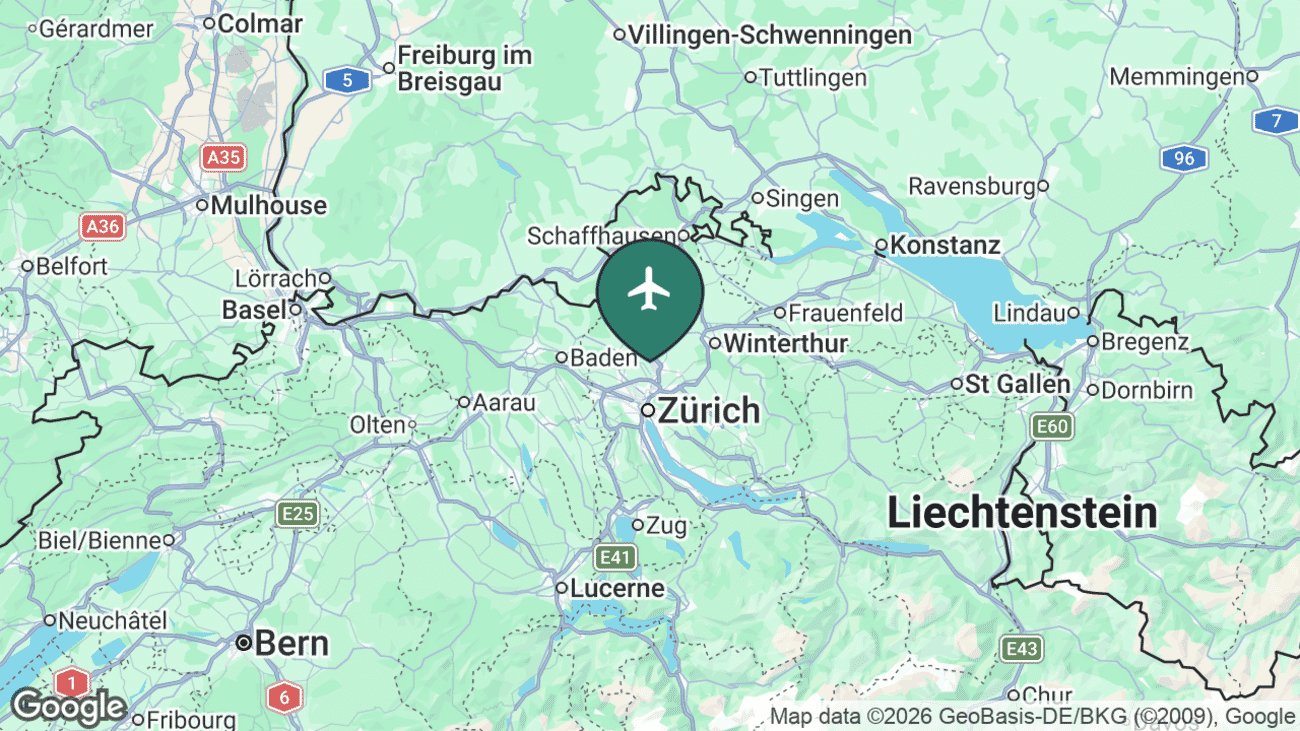 Map showing the location of Zürich Airport (ZRH) near Zürich, Switzerland