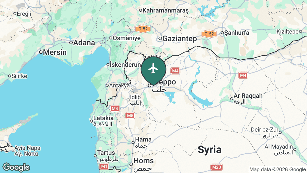 Map showing the location of Aleppo International Airport (ALP) at Aleppo in northern Syria, near the Turkey border