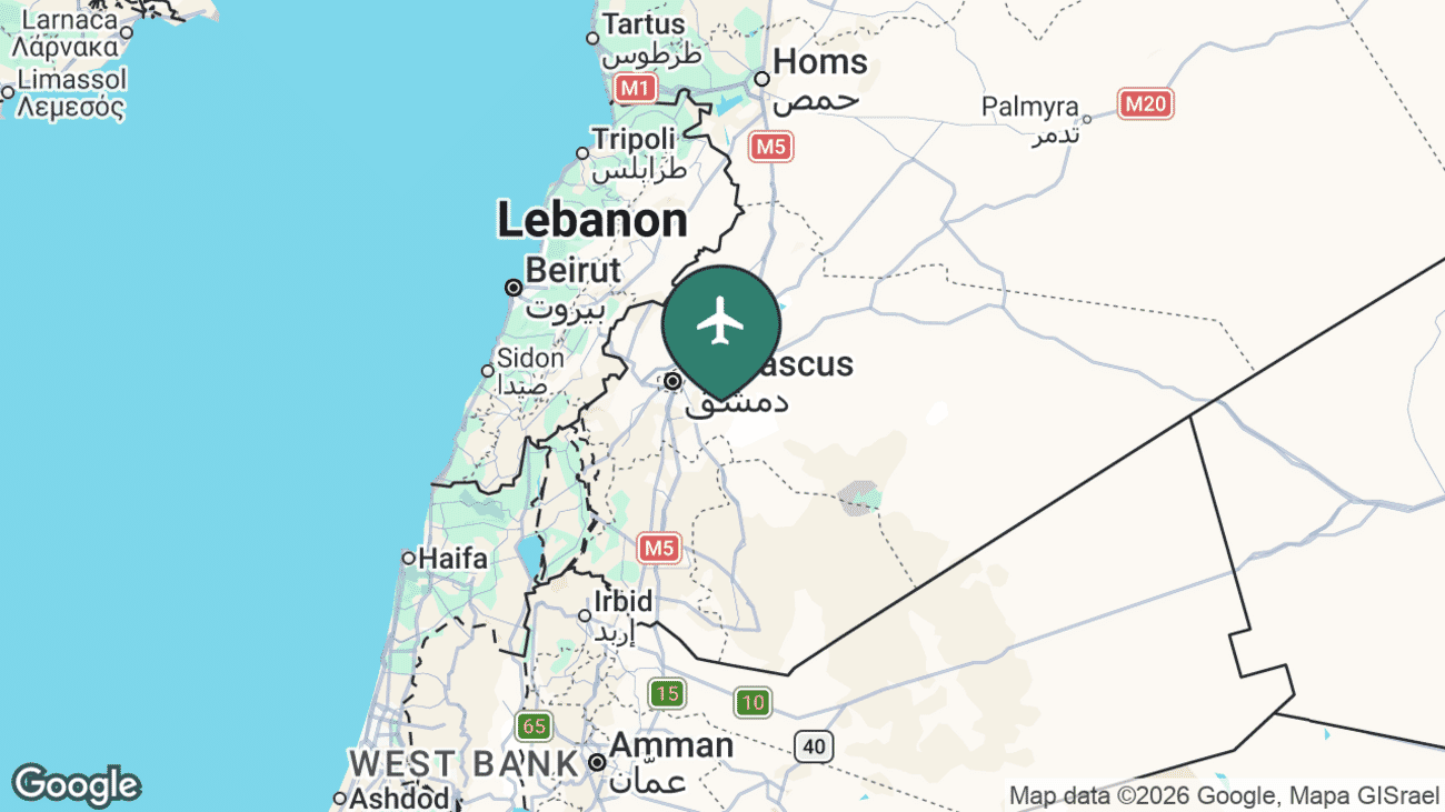 Map showing the location of Damascus International Airport (DAM) southeast of Damascus in southern Syria, near the Lebanon and Jordan borders