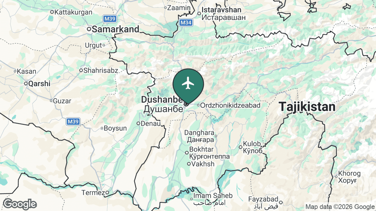 Map showing the location of Dushanbe International Airport (DYU) in western Tajikistan